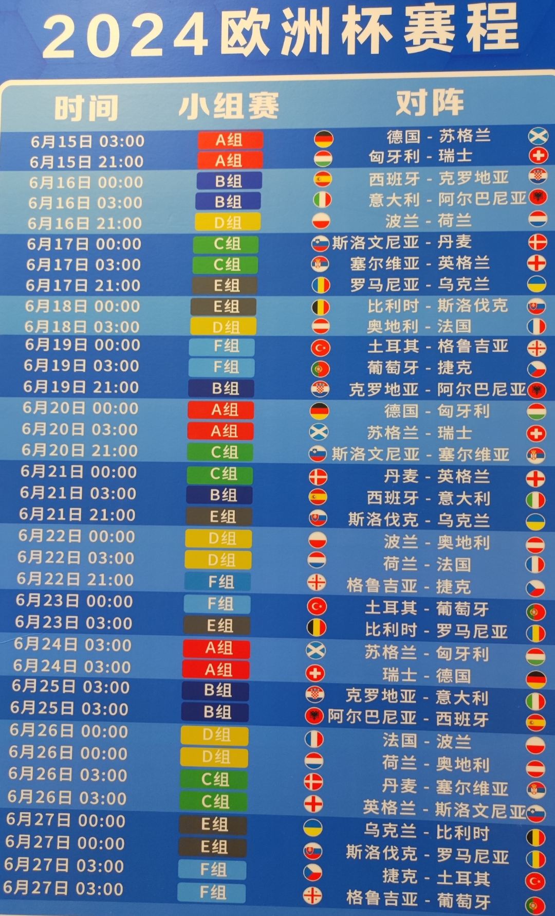 欧洲国家足球赛事小组赛赛程公布 欧洲国家足球赛事小组赛赛程公布